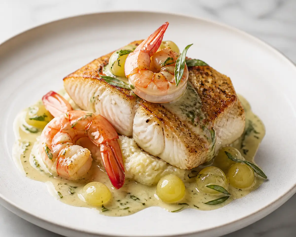 Seared Grouper with Prawns, White Grape Tarragon Sauce, and Rustic Cauliflower Mash