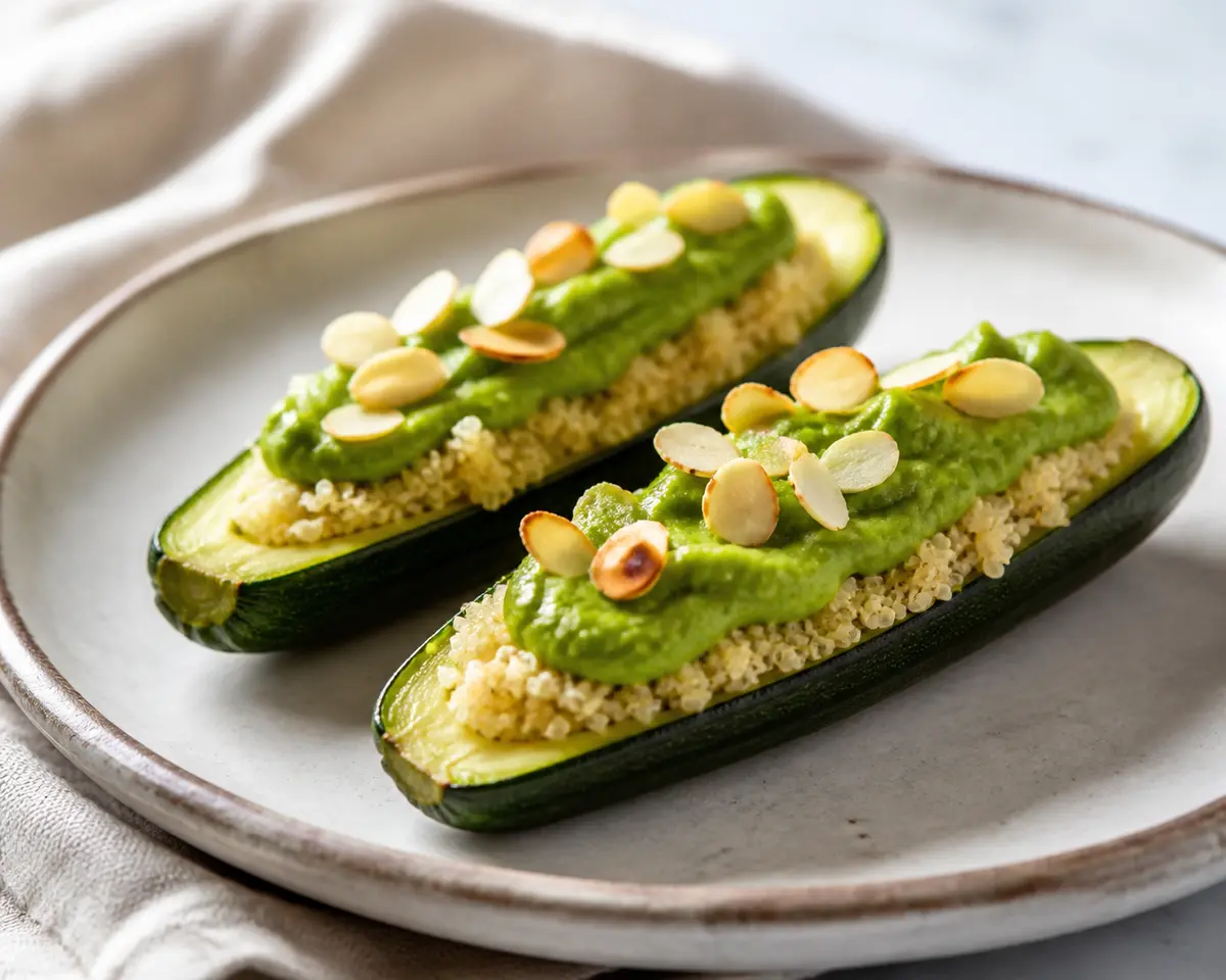 Moon Zucchini Boats with Lemon Quinoa, Pea Cream and Toasted Almond