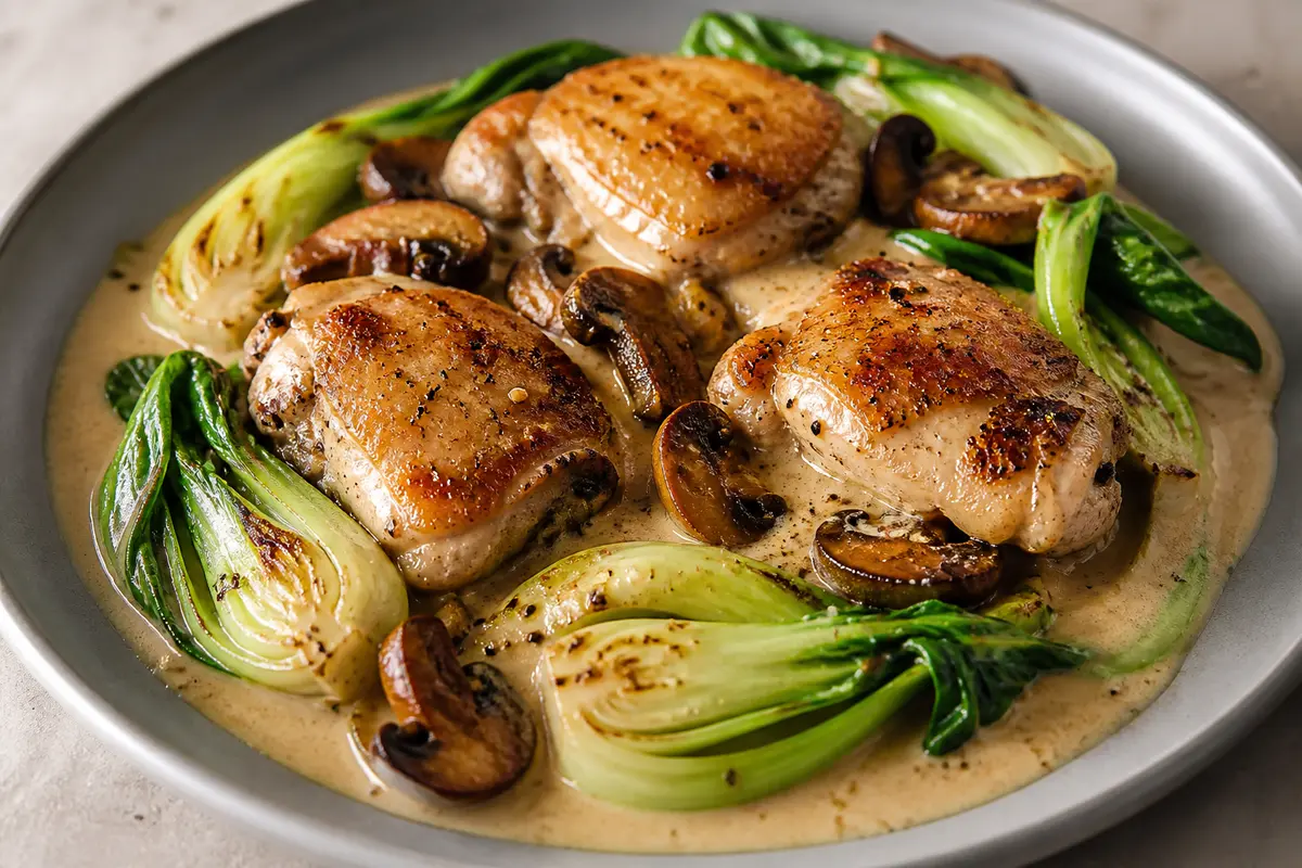 Pollo Keto en Salsa de Mantequilla de Sésamo, Coco y Lima con Bok Choy y Setas Doradas