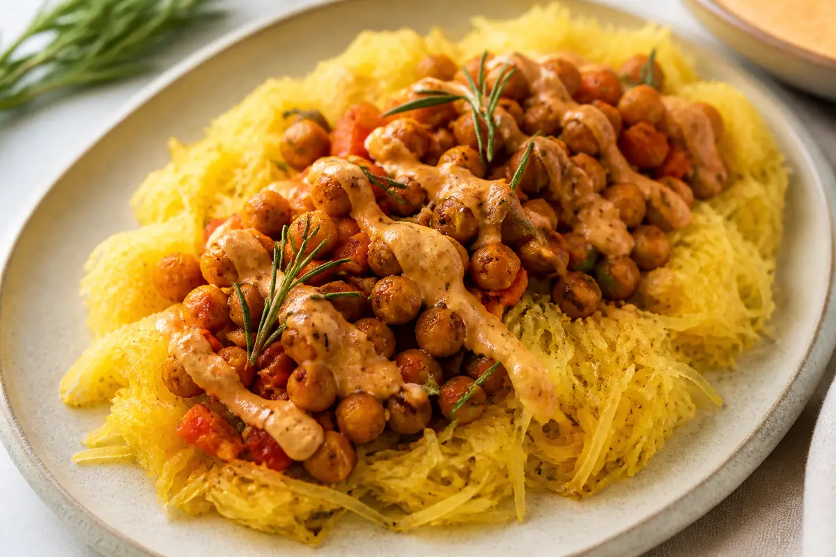 Calabaza espagueti asada con ragú de garbanzos al romero y crema de pimiento rojo y almendra