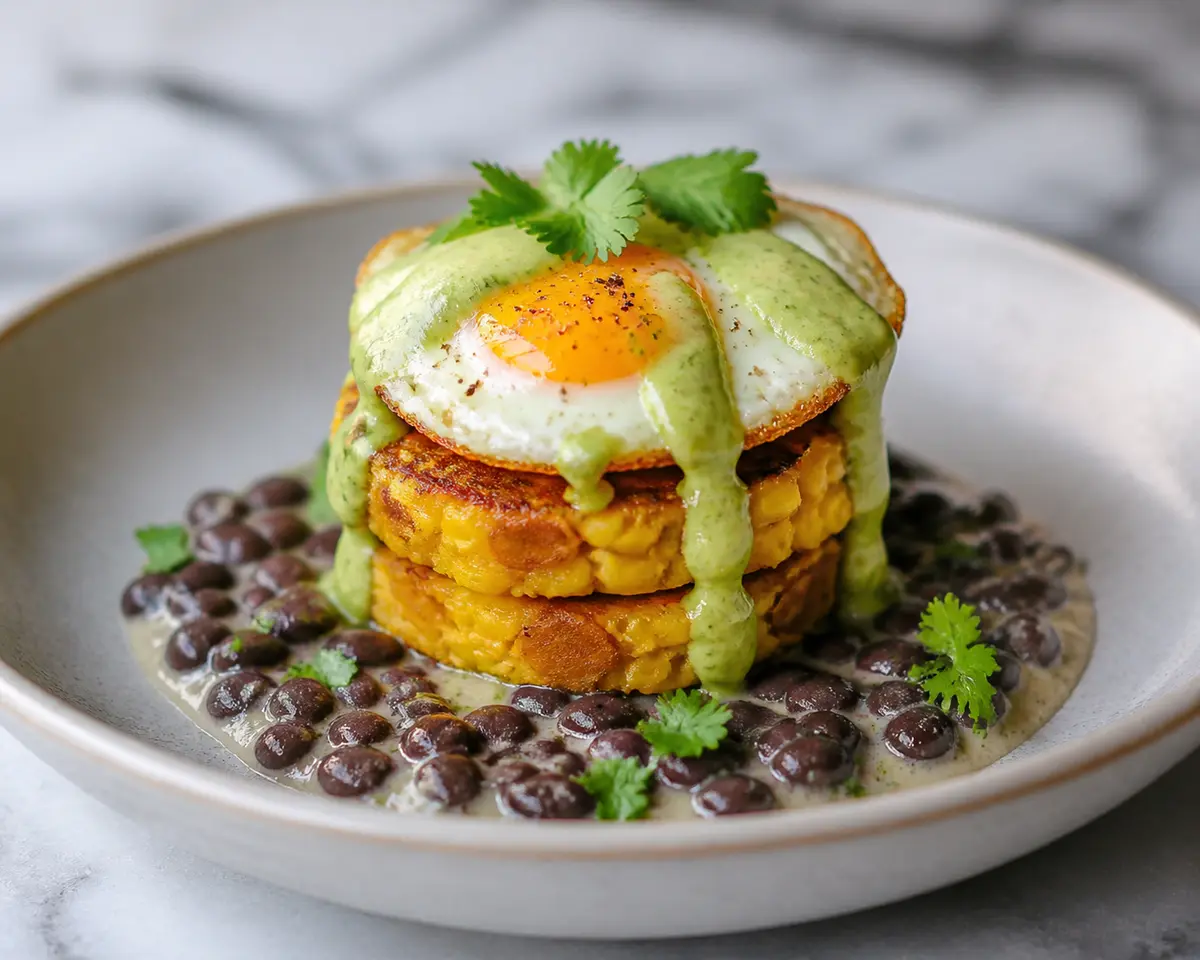 Torrecitas de plátano macho y maíz con frijoles negros cremosos y salsa de aguacate al cilantro
