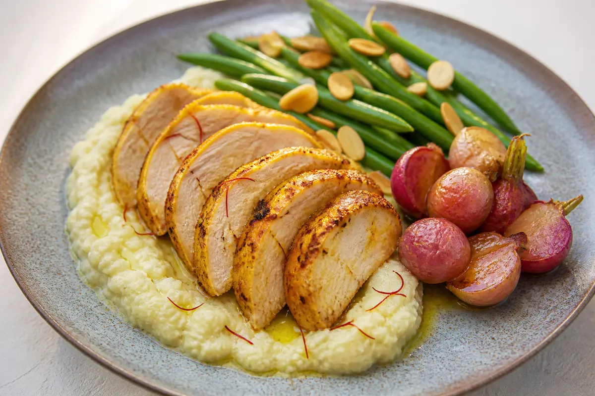 Saffron Turkey Breast with Cauliflower-Kohlrabi Mash, Almond Green Beans and Roasted Radishes