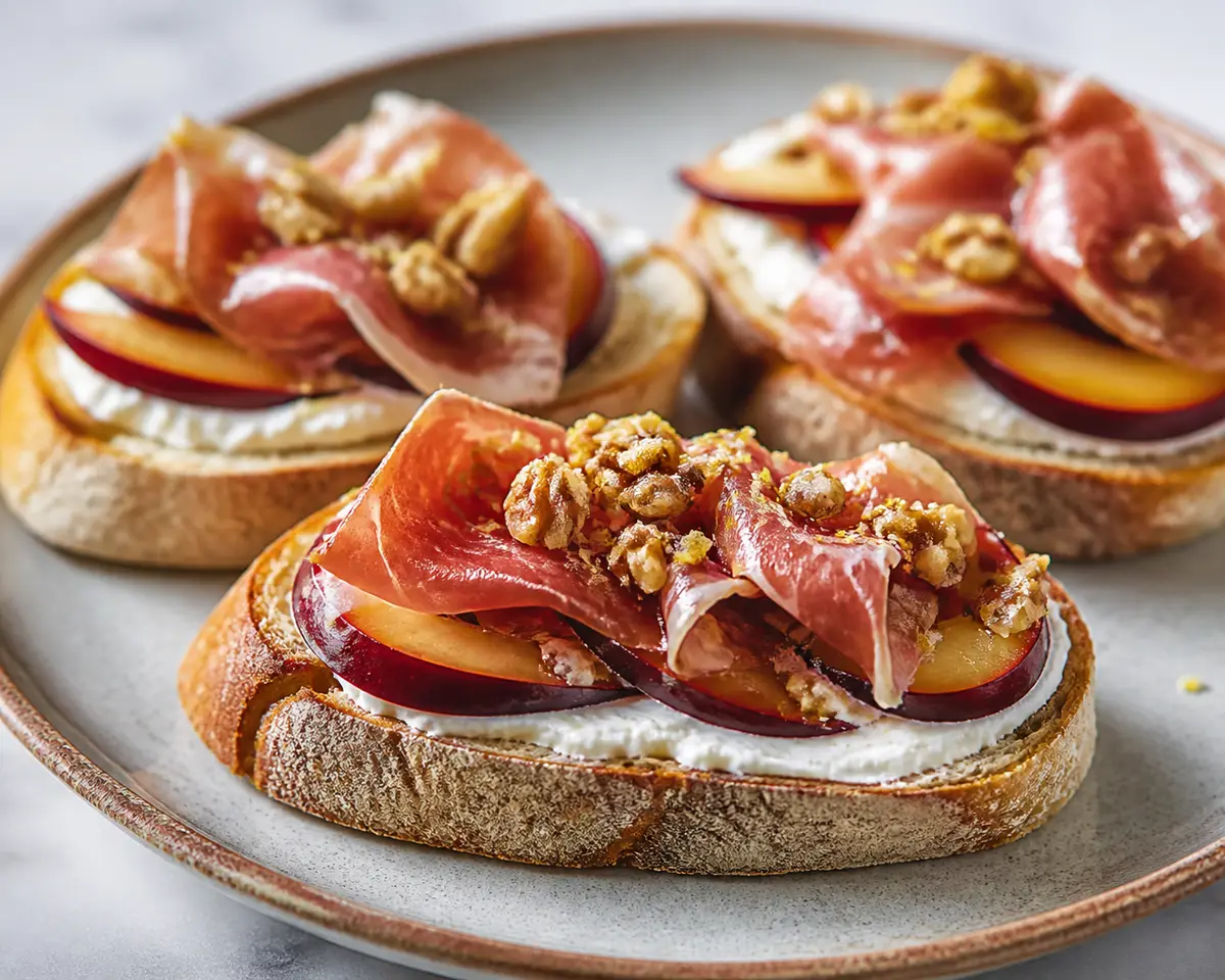 Tostadas exprés de labneh con ciruela fresca, jamón crujiente y nuez al limón