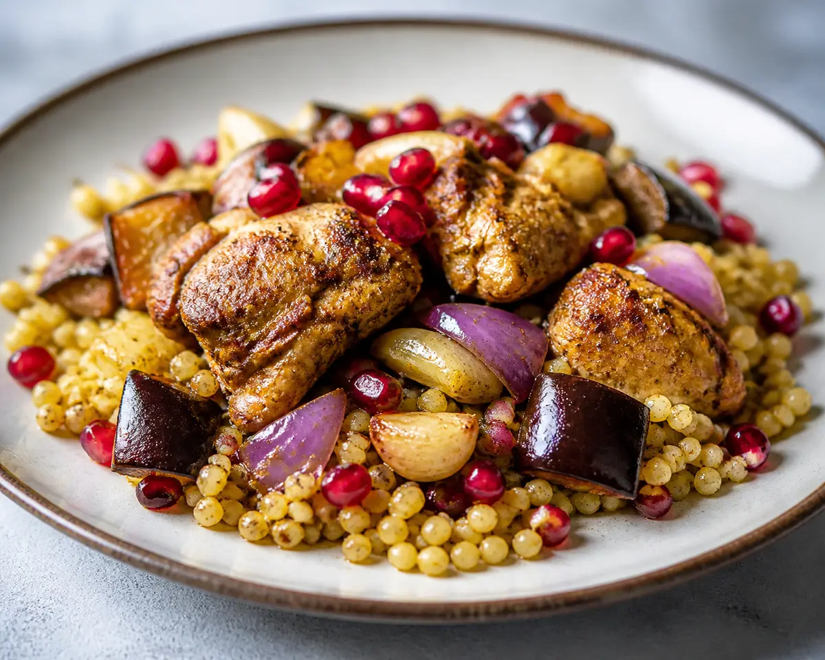 Instant Pot Chicken with Eggplant, Pomegranate and Cumin Pearl Couscous