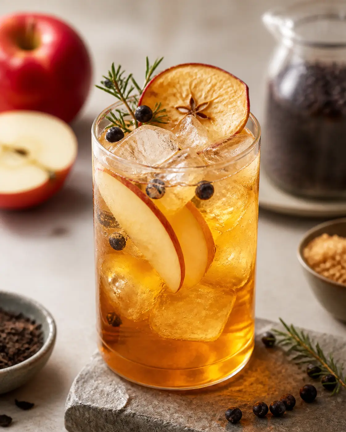 Soda fría de manzana asada, limón y té negro con enebro