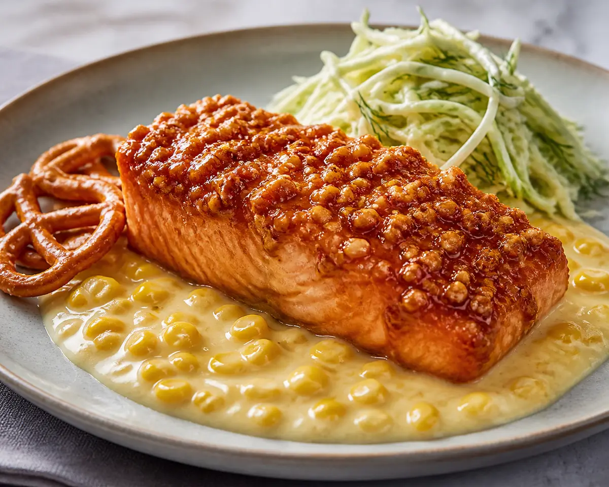 Lake Salmon with Pretzel Crust and Spicy Maple Glaze, Warm Corn Cream and Dill Slaw