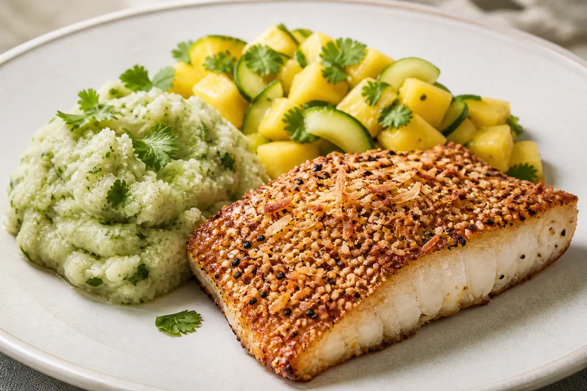 Caribbean Sesame-Coconut Crusted Mahi-Mahi with Cilantro Malanga Mash and Warm Pineapple Cucumber Salad