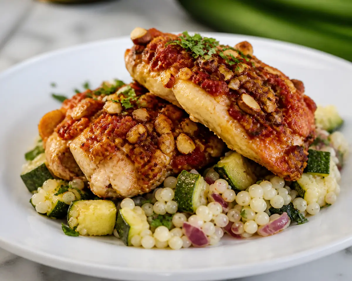 Mediterranean Chicken Thighs with Tomato-Almond Crust over Herbed Zucchini Pearl Couscous
