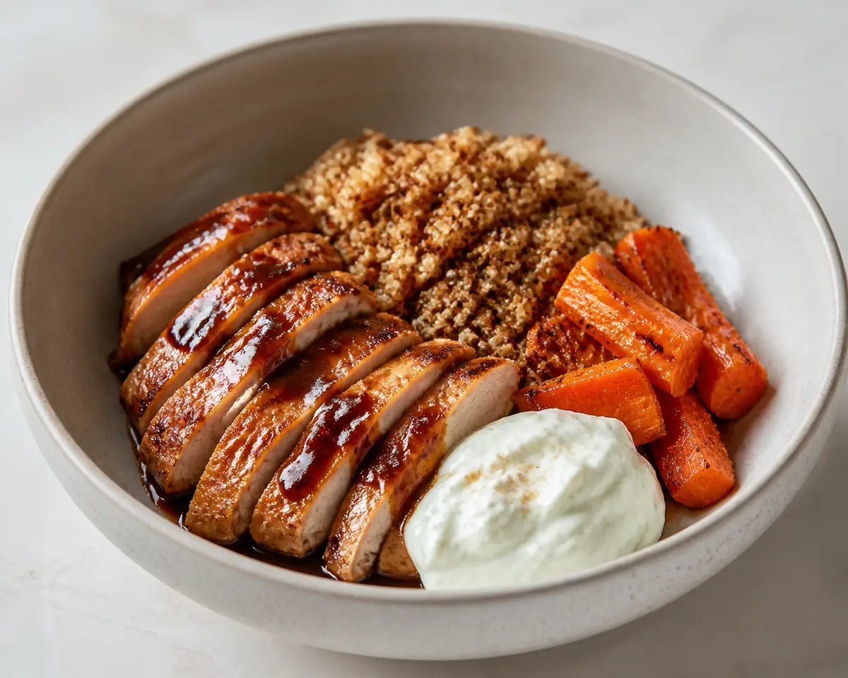 Warm Turkey Bowl with Coffee-Orange Glaze, Toasted Quinoa, Cumin Carrots, and Light Feta Cream