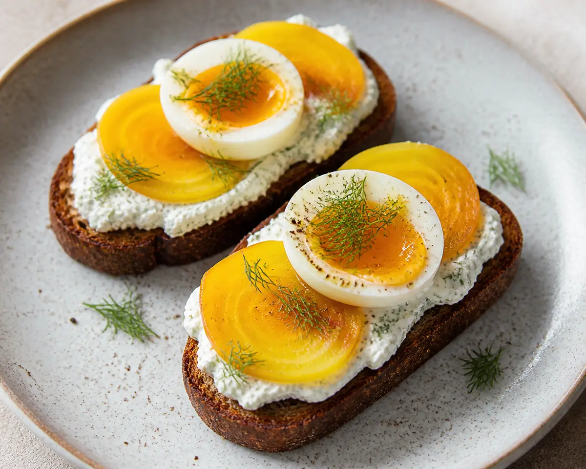 Rye Toasts with Warm Dill Ricotta, Golden Beet and Jammy Egg