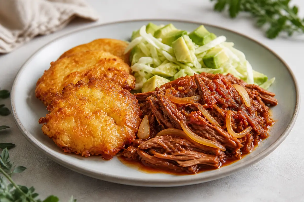 Tortitas de yuca y queso con res mechada al tomate de árbol y ensalada crujiente de repollo y aguacate