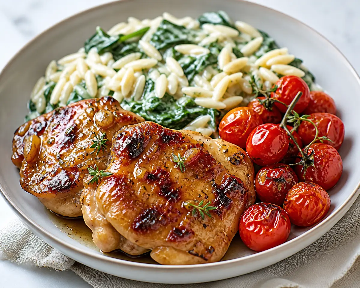 Pollo al limón caramelizado con orzo cremoso de espinacas y tomates cherry asados