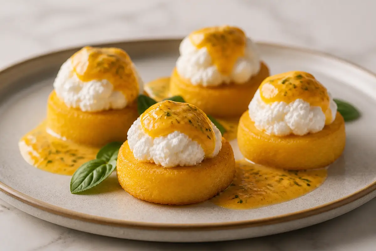 Nubes crujientes de polenta, ricotta y limón con dip tibio de pimiento amarillo y albahaca