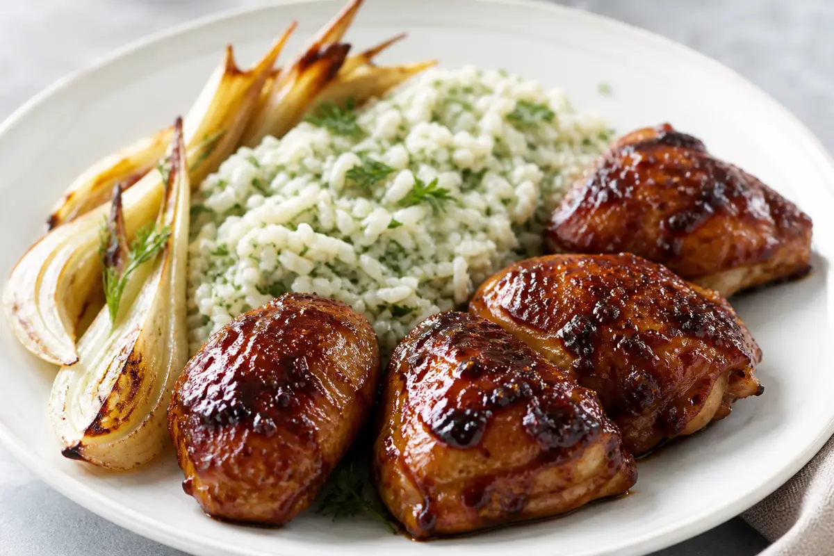 Pollo al horno con glaseado de melaza de granada, hinojo tostado y arroz cremoso de perejil