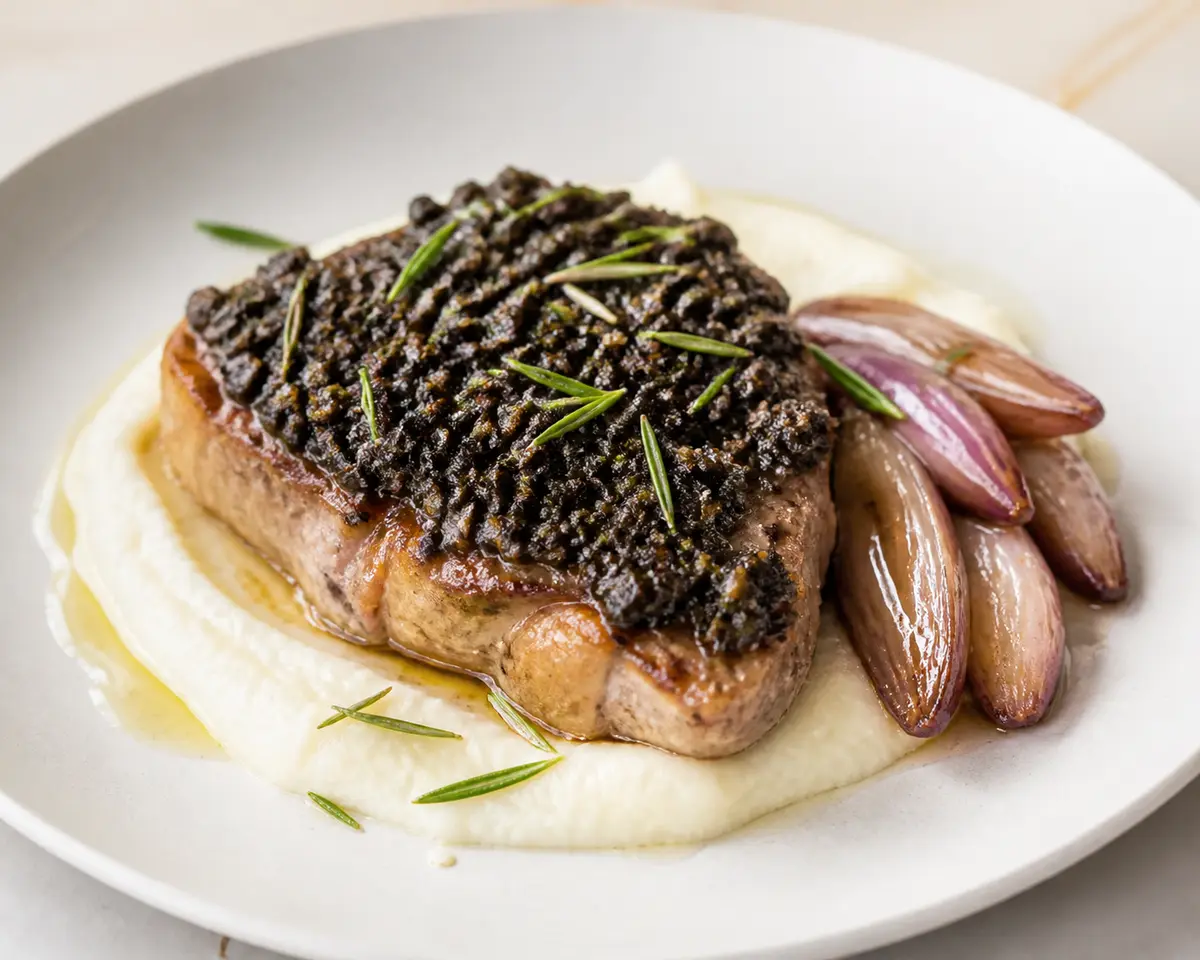 Presa de Cerdo con Costra de Aceituna Negra y Romero, Crema de Coliflor al Limón y Chalotas Glaseadas