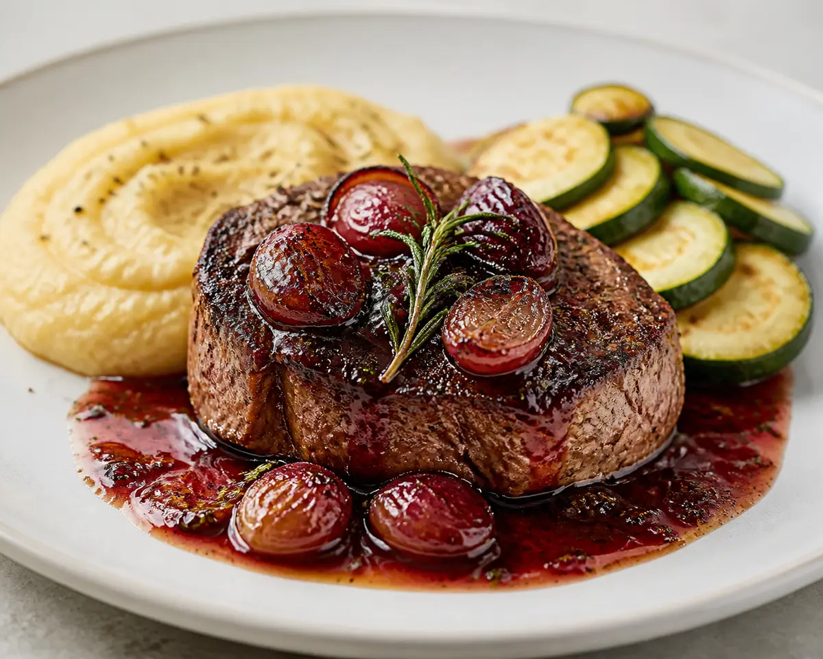 Beef Steak with Roasted Grape and Rosemary Sauce, Creamy Garlic Polenta and Golden Zucchini