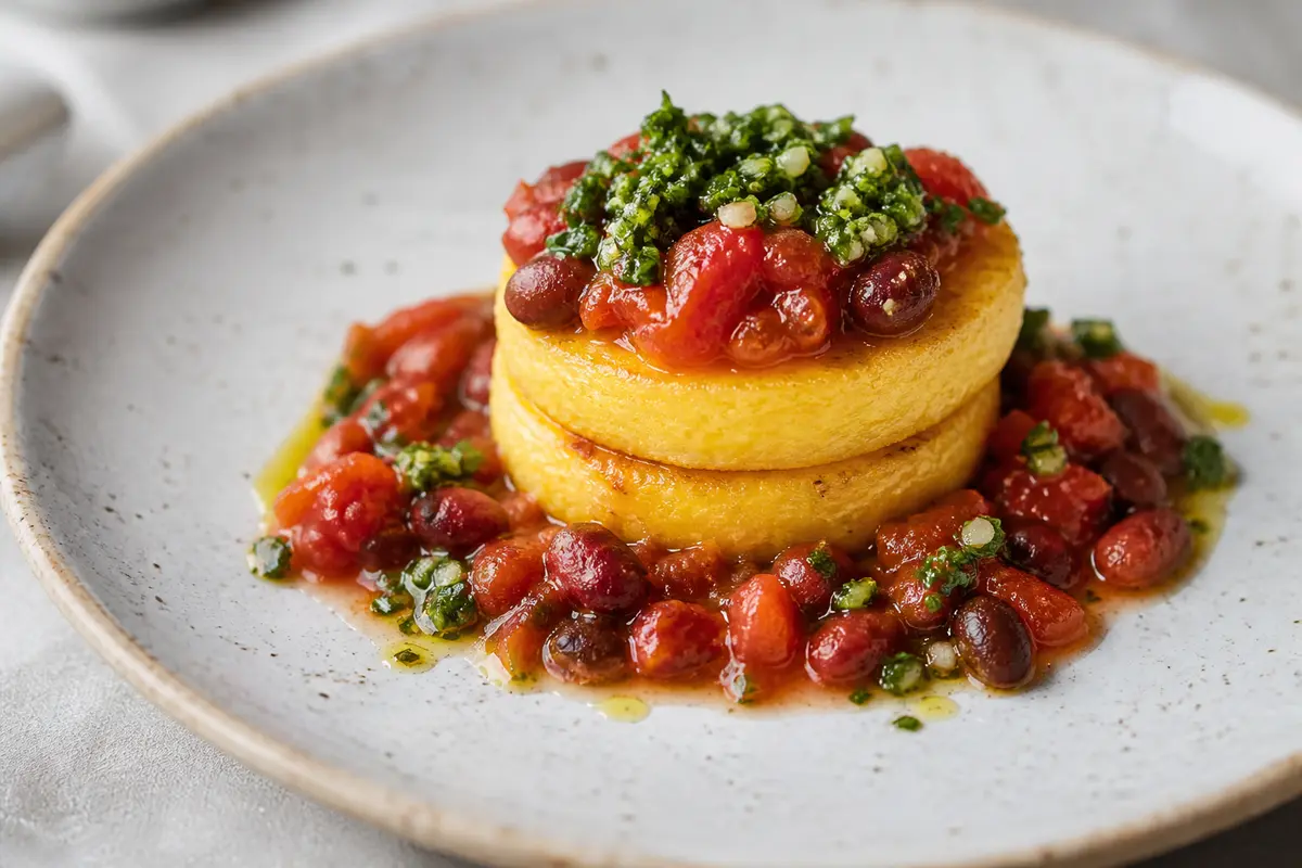 Torrecitas de polenta cremosa con ragú de alubias rojas al tomate asado y gremolata de aceitunas