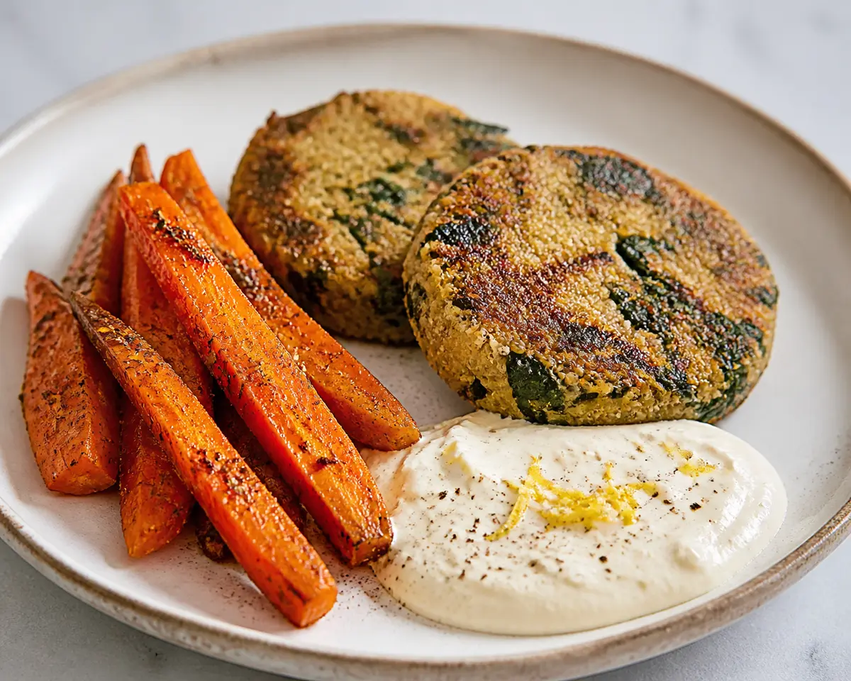 Pastelillos de mijo y espinaca con zanahorias asadas al zaatar y crema de yogur limón