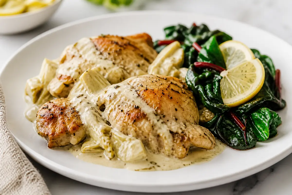 Keto Chicken Skillet with Artichoke Fontina Cream and Lemon Swiss Chard