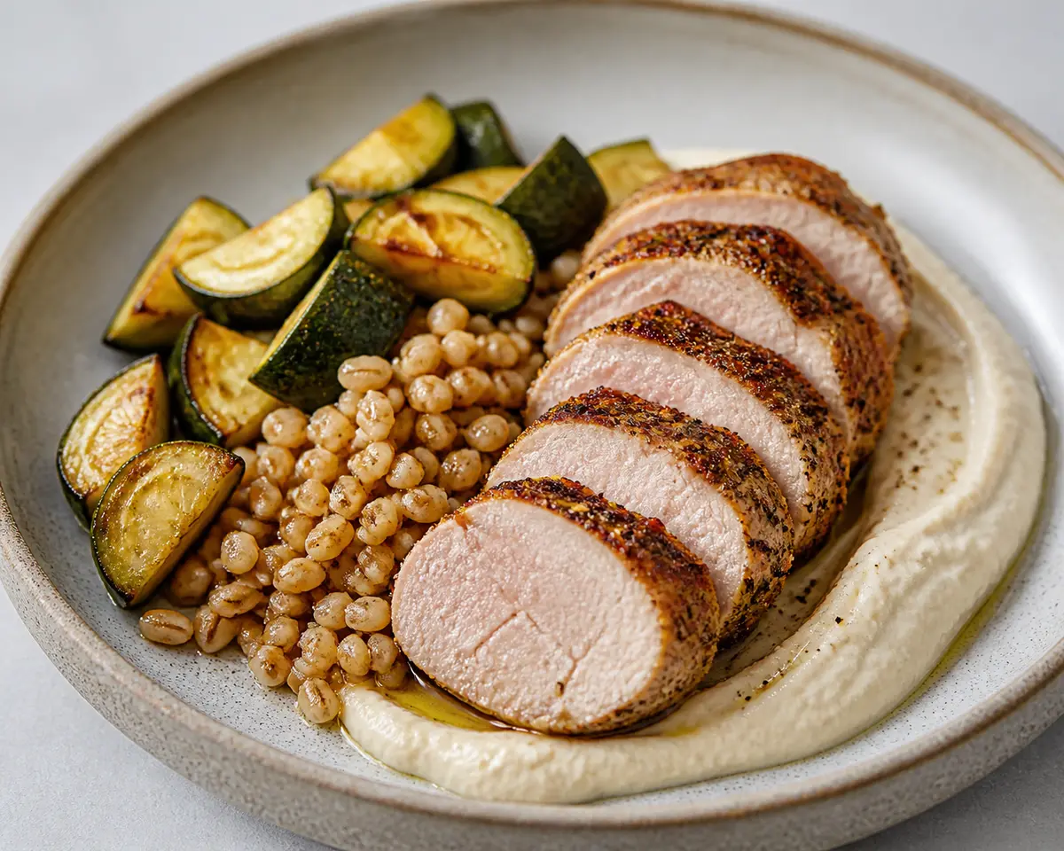 Lomo de cerdo especiado con crema de ricotta y alubias blancas, farro tierno y calabacín asado