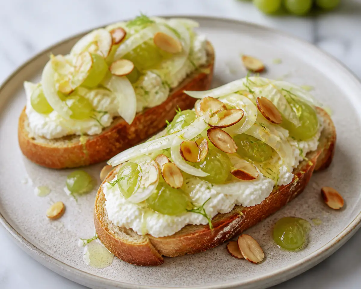 Quick lemon ricotta toasts with crushed green grapes, shaved fennel, and toasted almonds