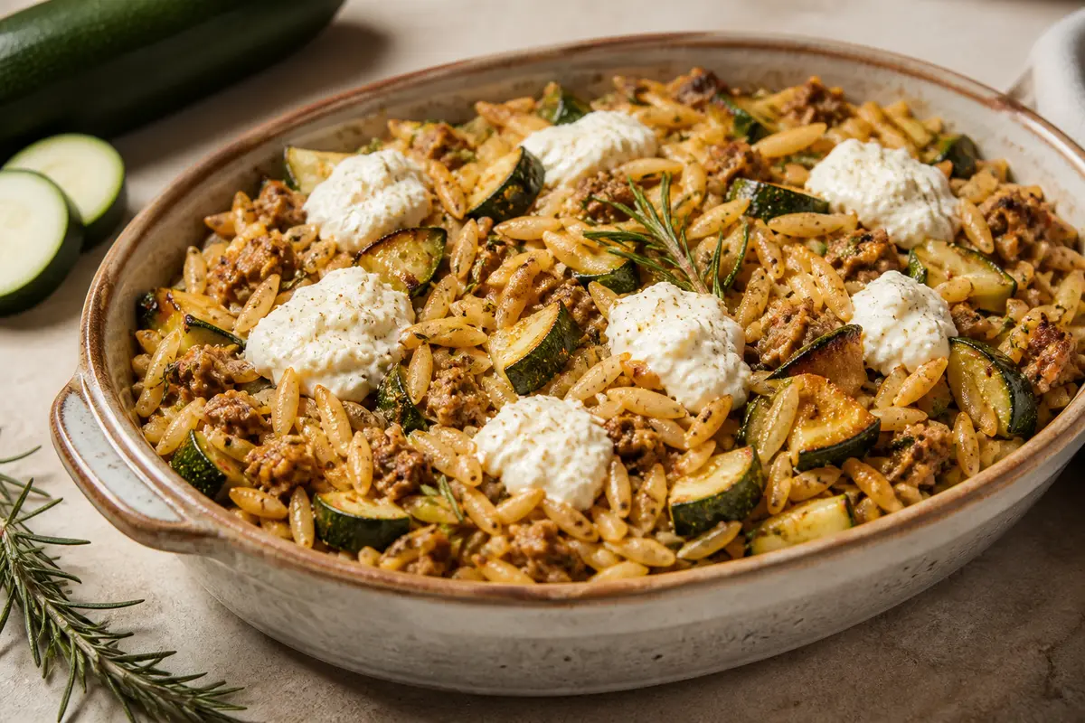 Family-Style Orzo Bake with Rosemary Turkey, Roasted Zucchini and Lemon Ricotta Cream