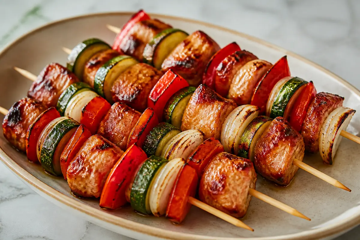 Pinchos de cerdo a la parrilla con piquillos, calabacín y adobo de miel, pimentón ahumado y jerez