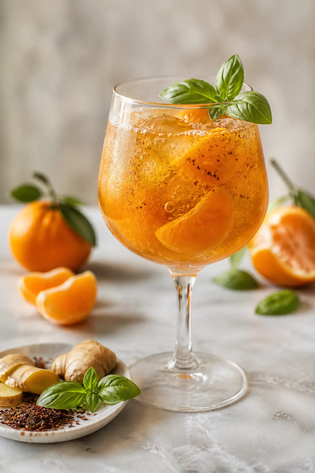 Soda especiada de mandarina asada, jengibre y rooibos con albahaca