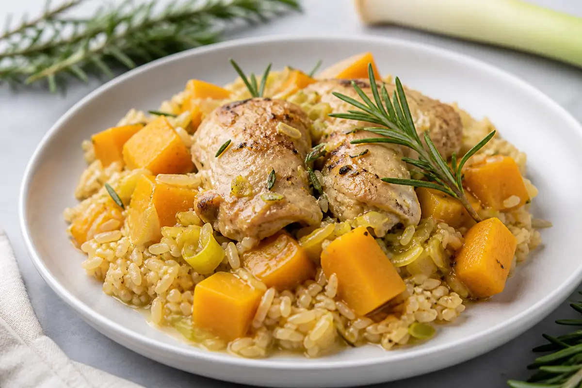 Instant Pot Chicken with Butternut Squash, Leek, Brown Rice, and Gentle Rosemary Lemon Sauce