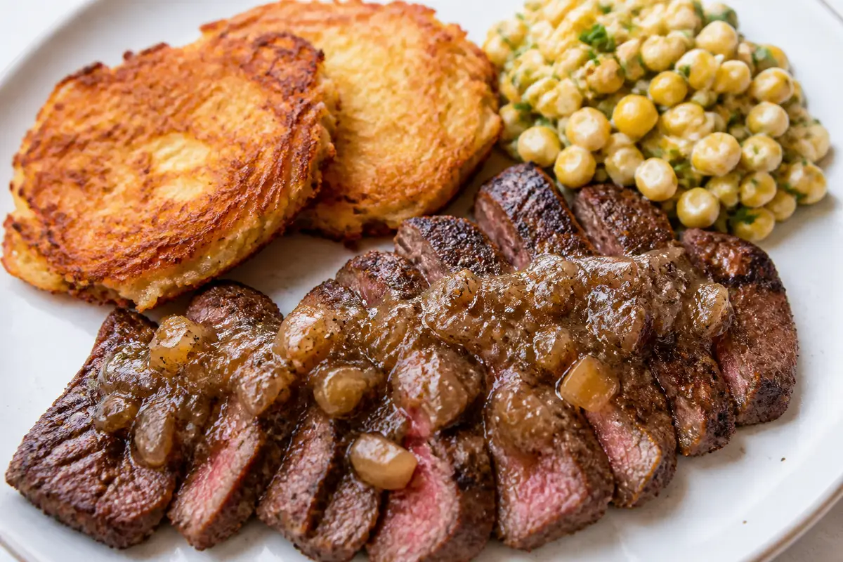 Skirt Steak with Warm Caramelized Onion Pickle Butter, Hash Brown Potato Cakes, and Creamy Chive Corn Salad