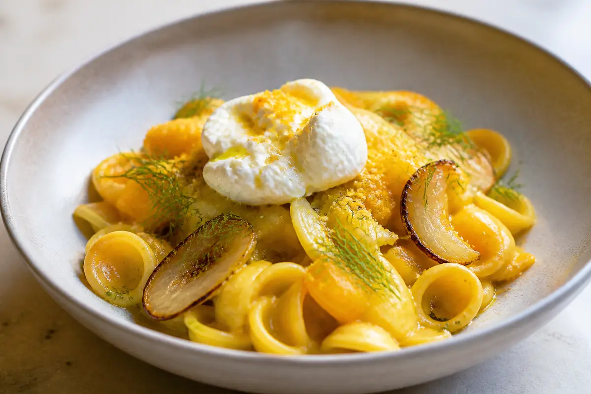 Orecchiette with yellow pepper saffron cream, sautéed fennel, warm burrata and crispy lemon crumbs