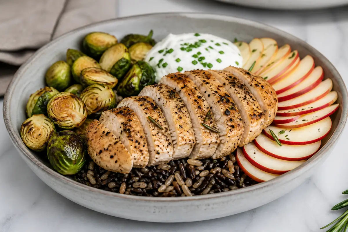 Bowl tibio de pavo al romero y manzana con arroz salvaje, coles de Bruselas asadas y crema de yogur con cebollín