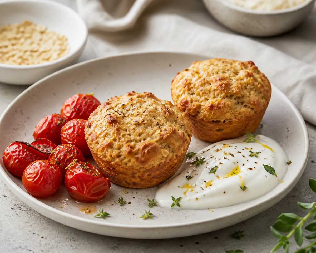 Savory Oat and Cheese Muffins with Roasted Cherry Tomatoes and Lemon Yogurt Cream