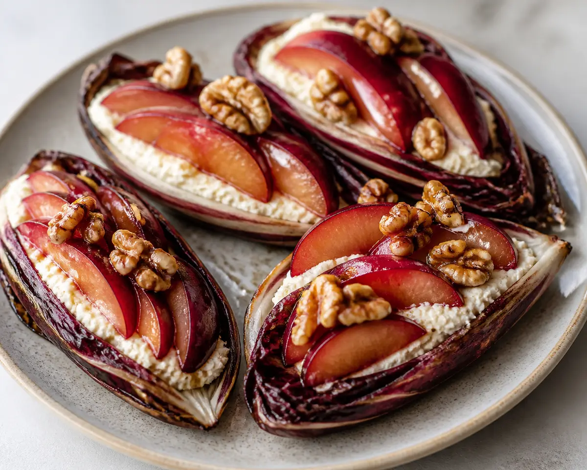 Roasted Radicchio Boats with Lemon Ricotta, Warm Plums, and Spiced Walnuts