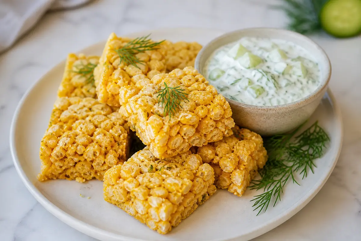 Barritas crujientes de arroz inflado, cheddar curado y cebolla caramelizada con dip de yogur, pepino y eneldo