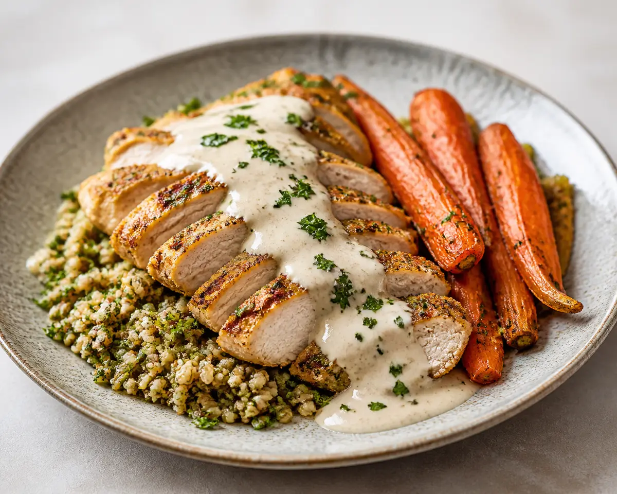 Pavo especiado con salsa cremosa de tahini y limón, freekeh con hierbas y zanahorias asadas