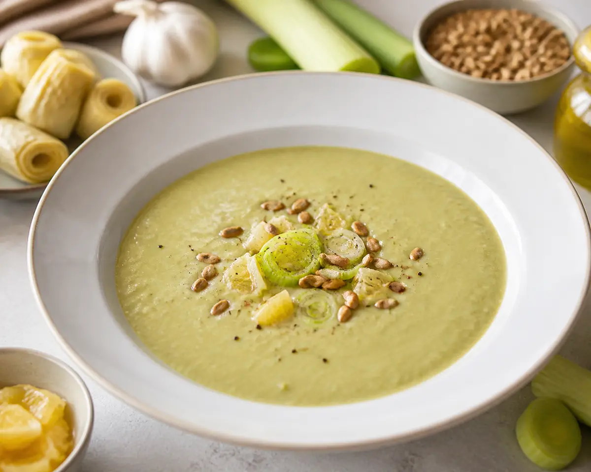 Creamy artichoke, pea and leek soup with quick preserved lemon and toasted sunflower seeds