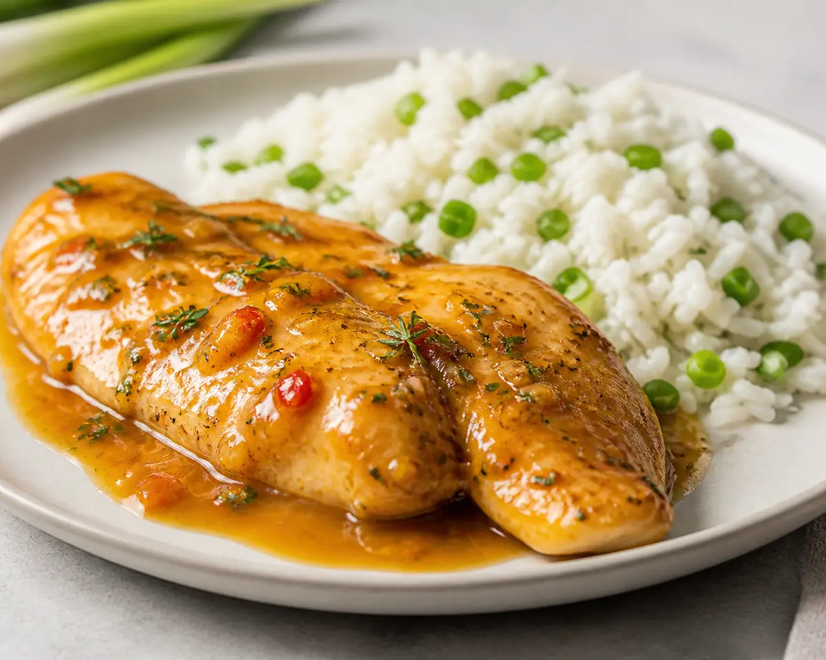 Caribbean Chicken Breast in Golden Papaya Mild Chili Sauce with Coconut Scallion Rice