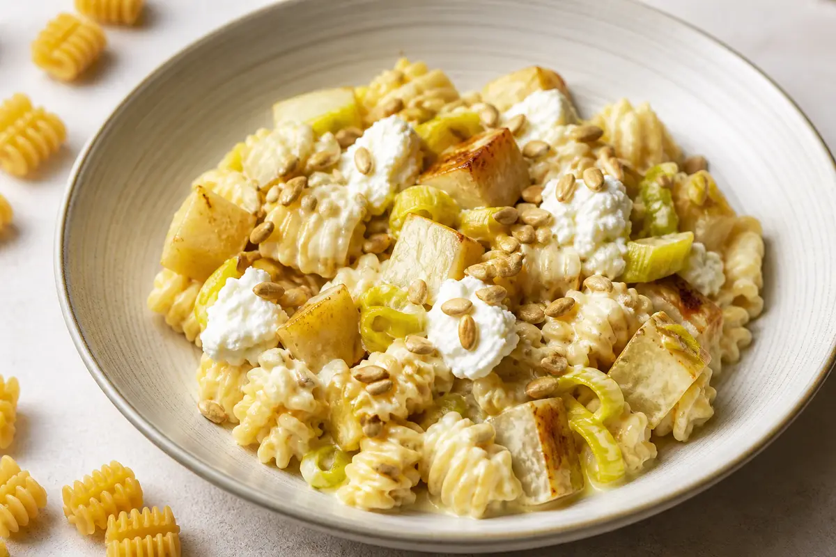 Radiatori cremosa de colinabo asado, puerro dorado y ricotta al limón con semillas de girasol crujientes