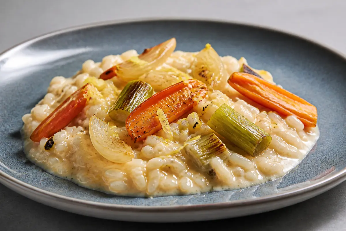 Creamy rice with roasted carrot, confit leek, and light lemon tahini cream