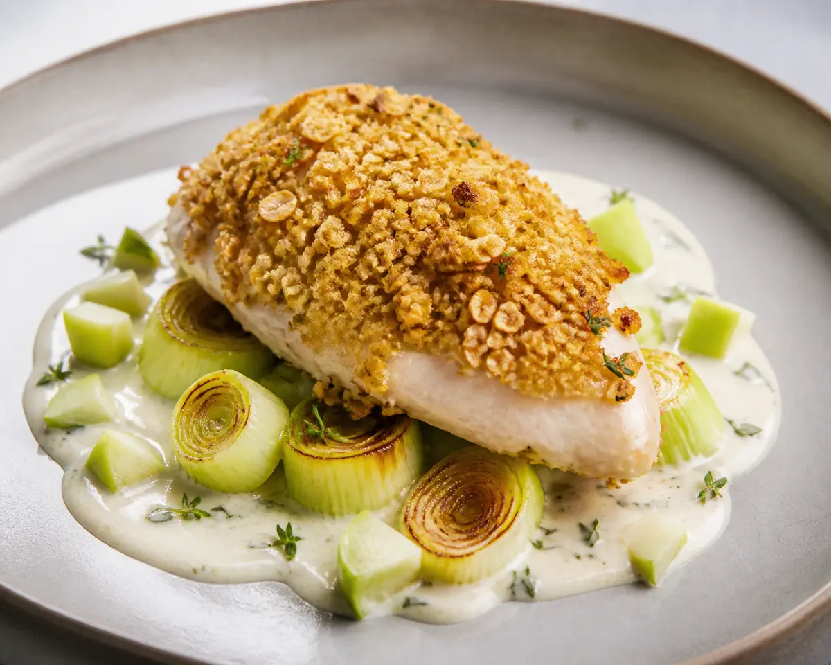 Baked Chicken with Savory Oat Crust, Roasted Leeks, and Light Apple Thyme Cream