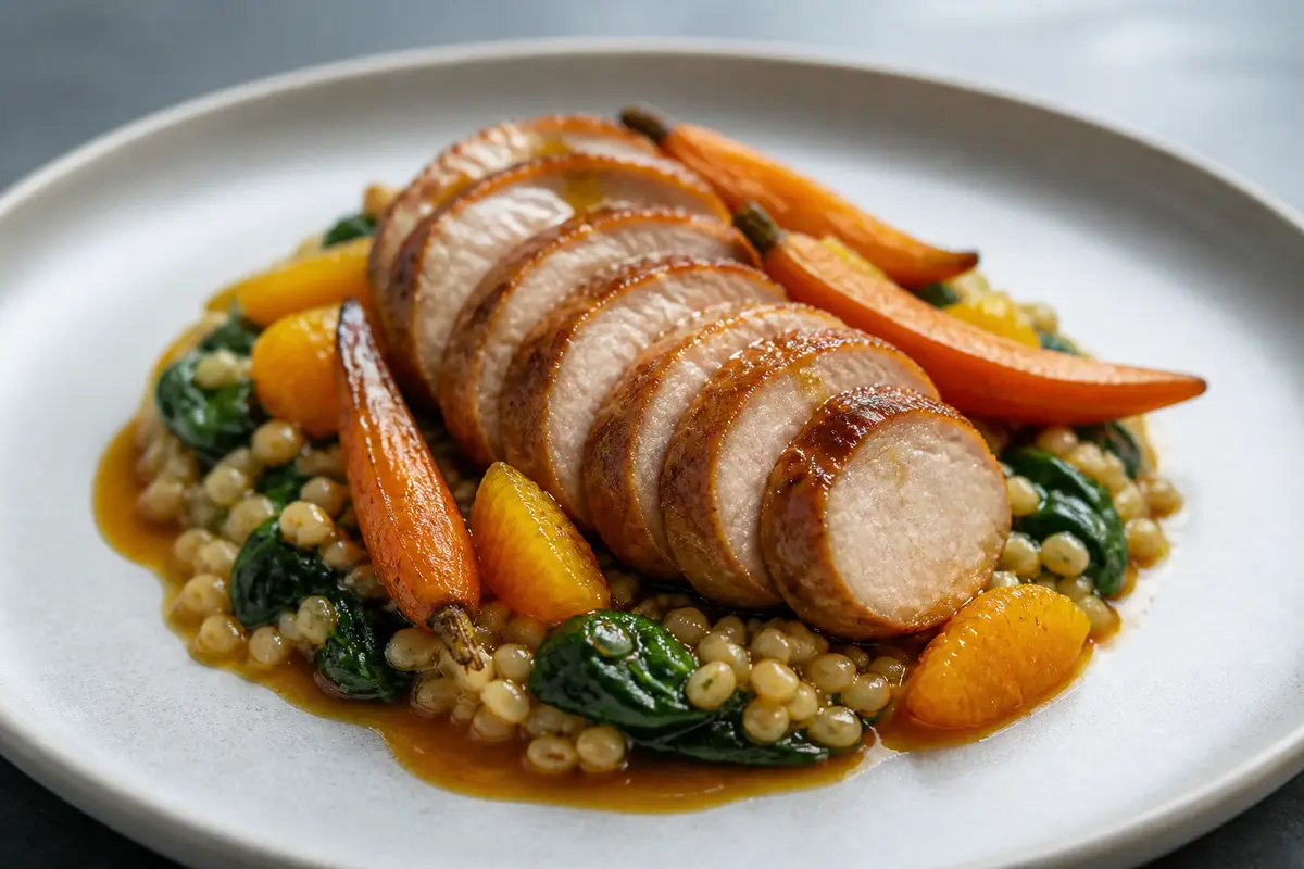 Pork Tenderloin with Roasted Carrot, Miso and Orange Sauce over Creamy Barley with Spinach