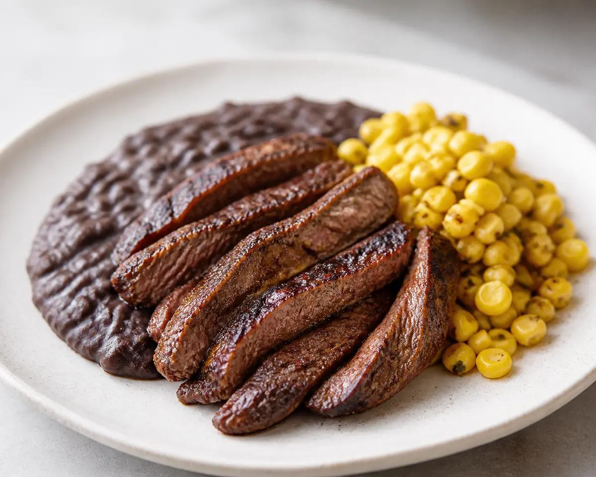 Ancho-Lime Beef Strips with Black Bean Mash and Sautéed Corn