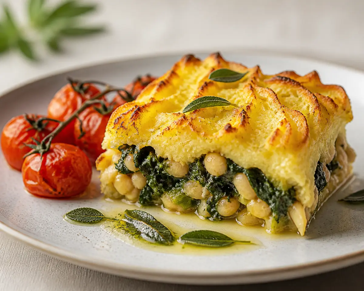 Pastel de alubias blancas y puerro con costra de papa dorada, mantequilla de salvia y tomates asados