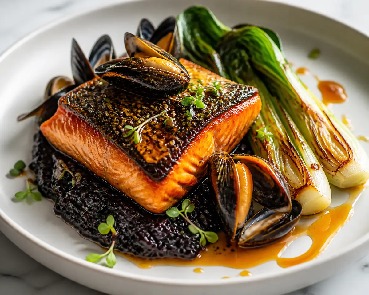 Salmón y Mejillones al Caramelo de Soja y Naranja con Arroz Negro Cremoso y Pak Choi Asado