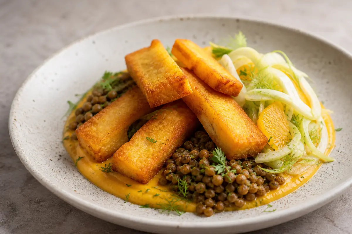 Golden Panisse with Warm Carrot Saffron Cream, Spiced Lentils, and Fennel Orange Salad