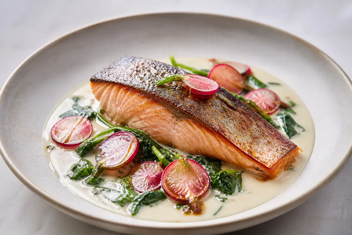 Salmón Keto en Crema de Coco Tostado, Espinaca y Rábanos Glaseados