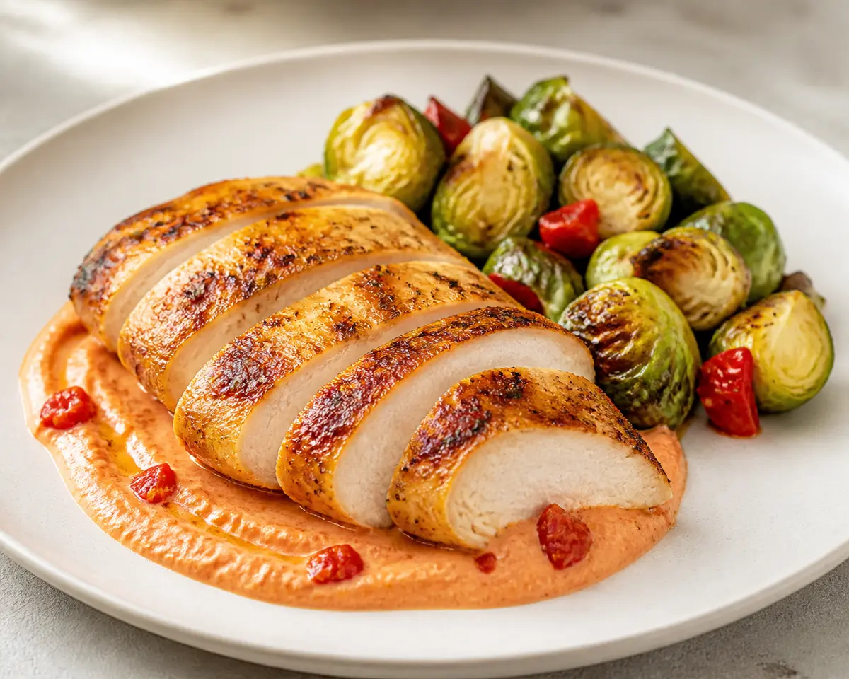 Golden Chicken with Roasted Red Pepper Ricotta Cream and Lemon Brussels Sprouts