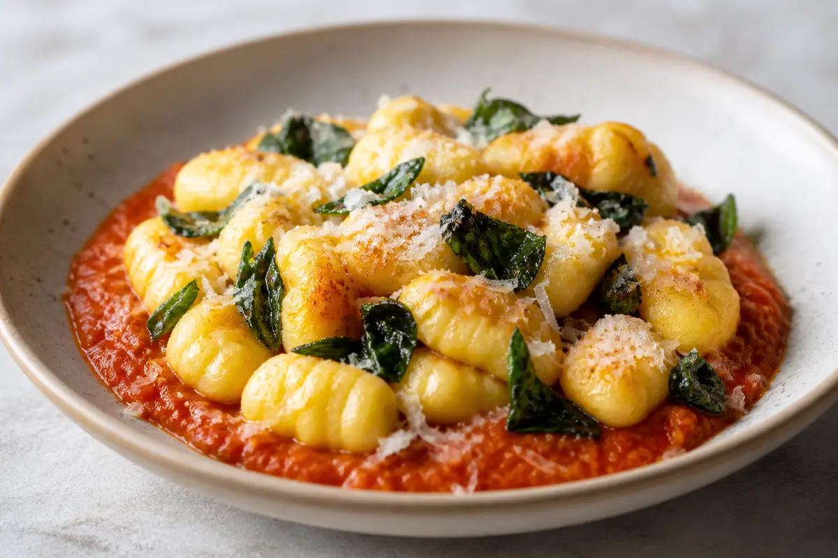Golden Ricotta and Corn Gnocchi over Silky Roasted Tomato Sauce with Crispy Basil