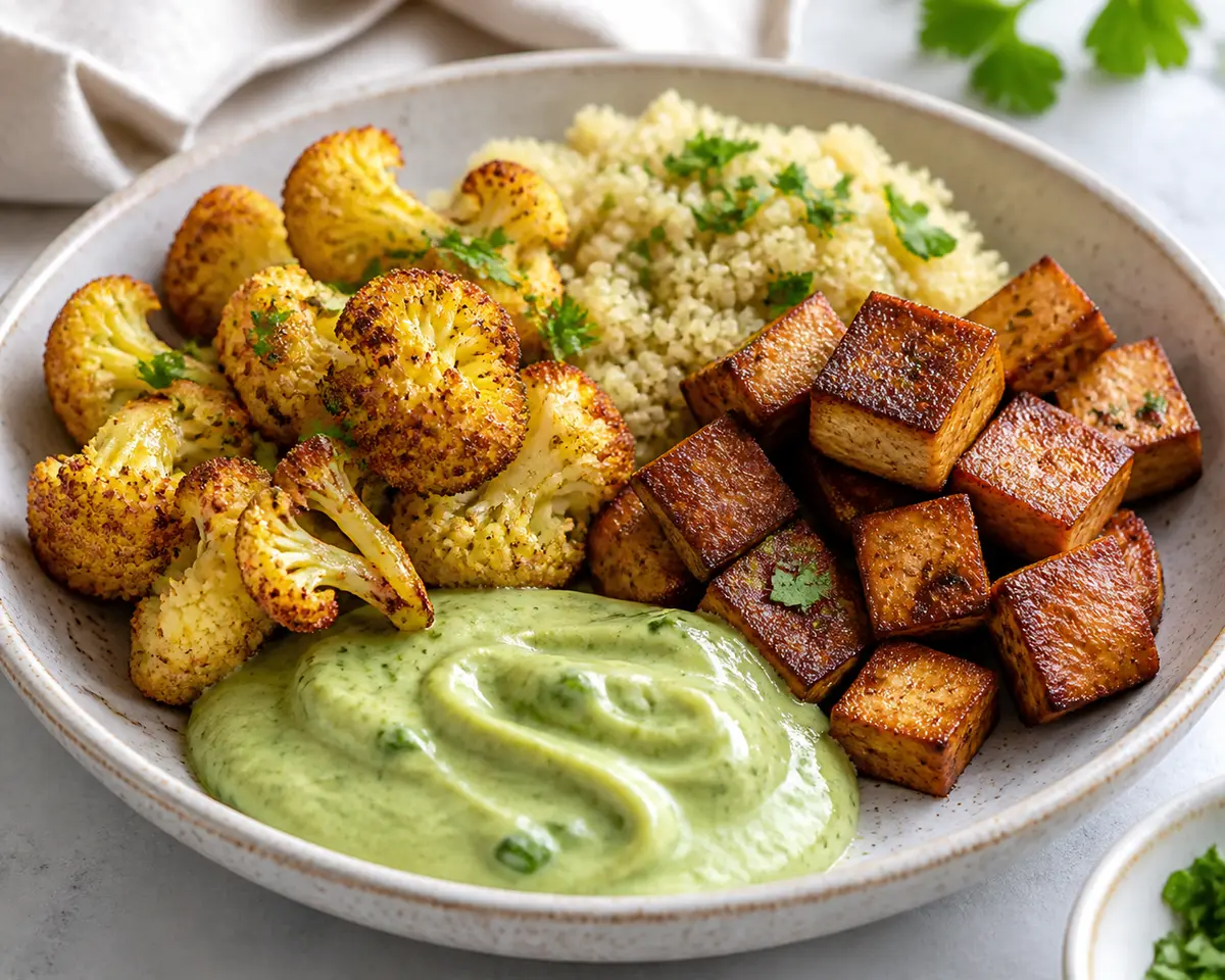 Golden Roasted Cauliflower Tray with Lemon Quinoa, Crispy Tofu, and Cucumber Tahini Green Sauce
